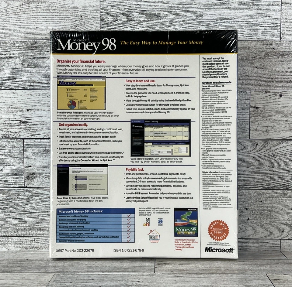 Vintage Microsoft Money 98 PC CD-ROM Software Windows 95/NT Big Box USA Made NEW - Image 2 of 4