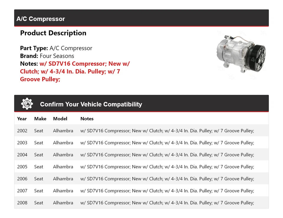 Compresor aire acondicionado Seat Alhambra 2002-2008 4 estaciones 2003 2004 2005 2006 2007 Foto 2 de 4