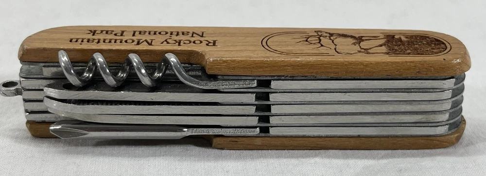Multi Tool 3 1/2" Pocket Knife Engraved Rocky Mountain National Park Wood Handle