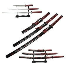 3pcs Japanese Samurai Katana Sword Set w/ Stand – Red Black Dragon Scabbard/1060