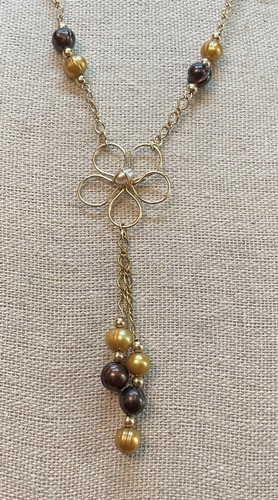 Brown Gold Pearls Gold Plated Flower Link WOMENS Necklace 19” Adjustable - Picture 3 of 5