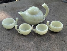Antique Lantian Jade Chinese Natural Mi Huang Hand Carved Teapot And Cups Set