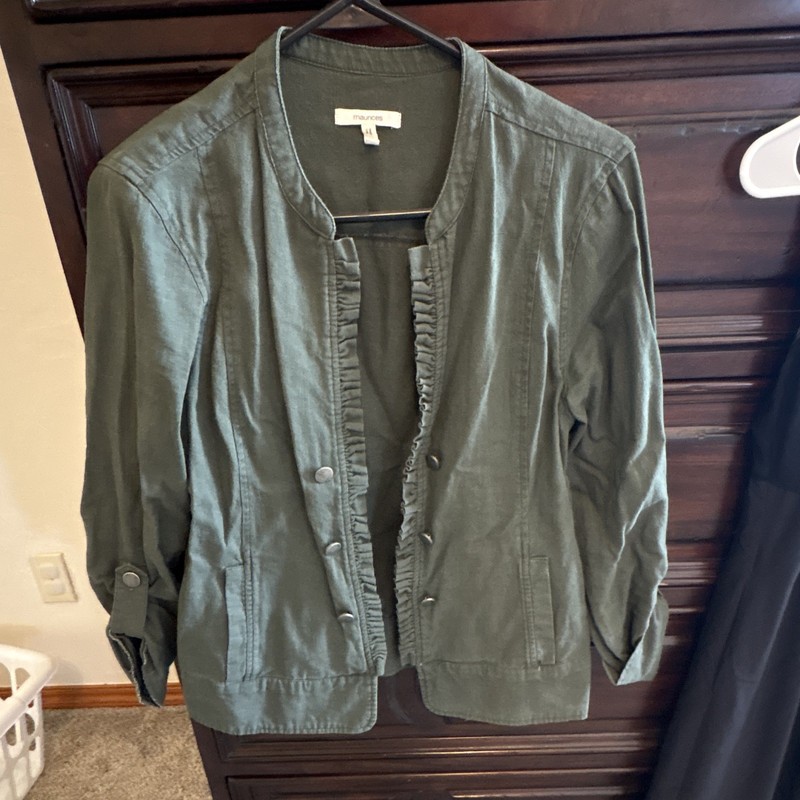 Maurices Women's Green Linen Blend Ruffle Front Button Jacket w/ Pockets S