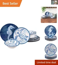 Vibrant 12-Piece Melamine Dinnerware Set with Ocean Motifs, Space-Saving Design