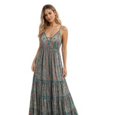  RAGA Boho Maxi Dress Size XS Teal Floral Spaghetti Strap Tiered Festival