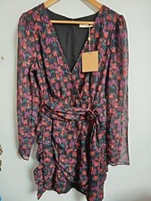 Stevie May Dress Faux Wrap Rouched Sheer Sleeve Sparkle Size M