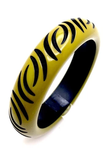 Vintage Plastic Costume Jewelry Carved Green Brown Bakelite Bangle Bracelet