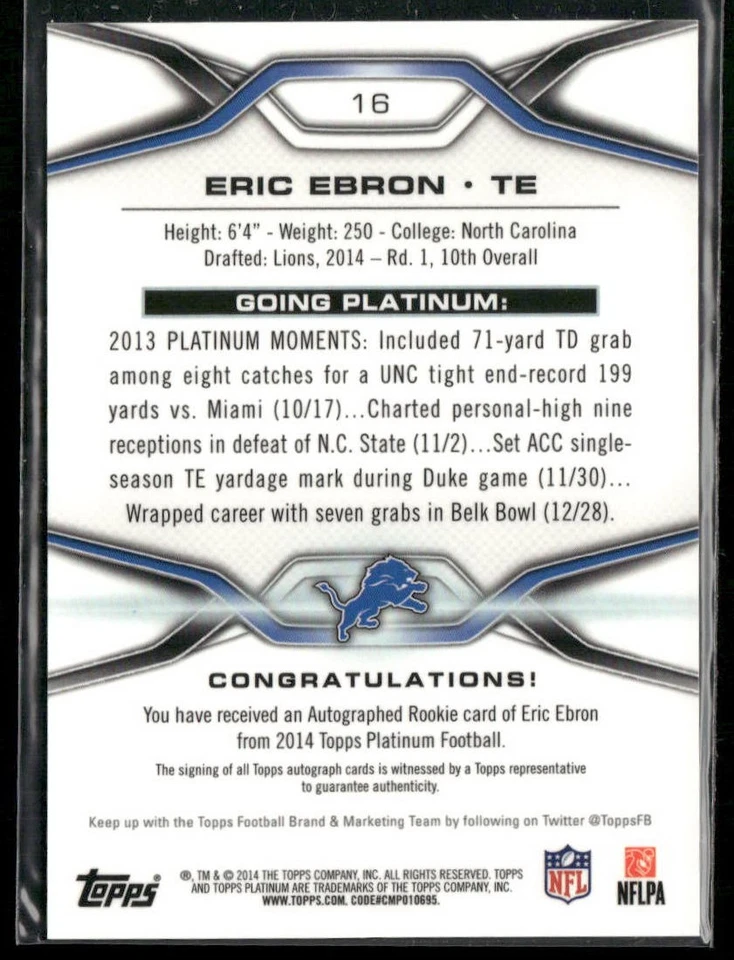 2014 Topps Platinum #16 Eric Ebron Rookie Refractor AUTO - Image 2 of 2