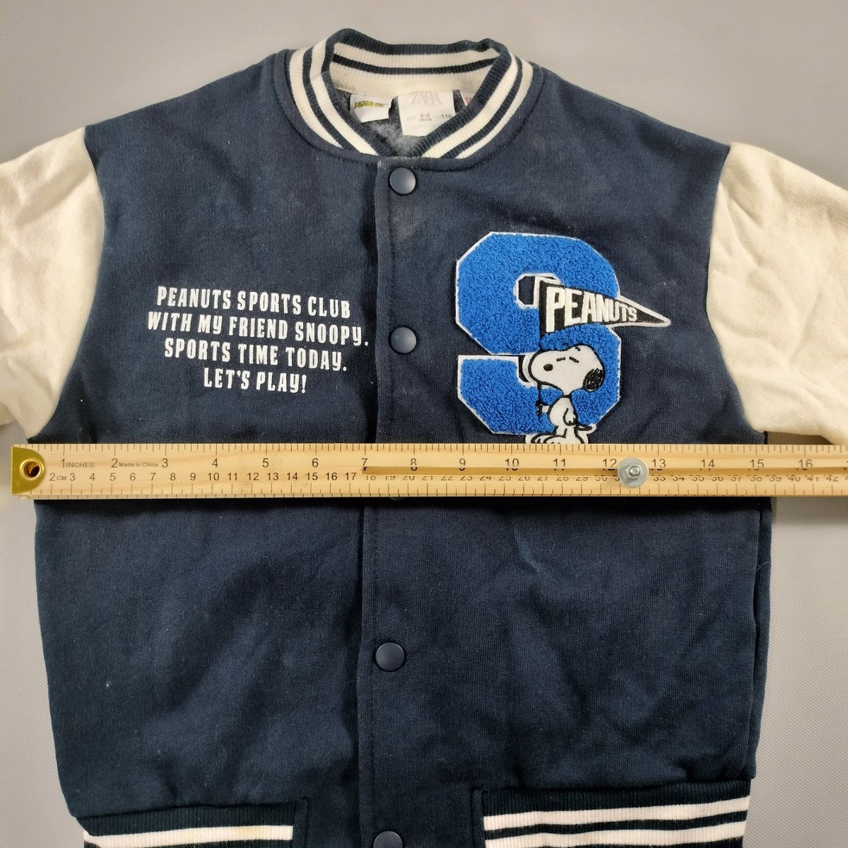 Vtg Zara Peanuts Snoopy Sports Club Blue White Varsity Jacket Kids 