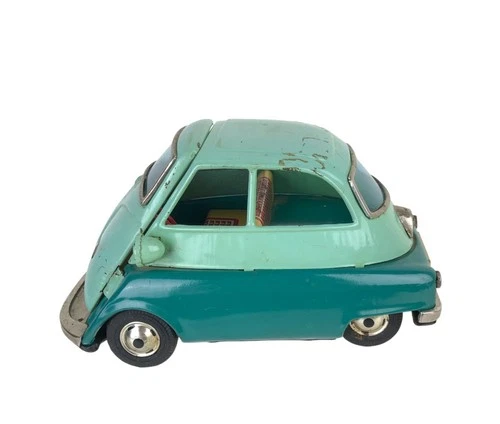 BMW Isetta Bandai Friction Tin Toy Car Vintage Japan Two Tone Green