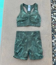 Gymshark Sports Bra Shorts Set Women  s Green Camo Adapt Gym Active Size Small