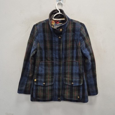 Joules Fieldcoat Green Navy Wool Check Tweed Country Races Day Coat Jacket Uk 12