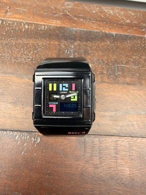Casio Baby-G BGA-200 Watch Square Gloss Black Funky Neon Rainbow Dial Nice