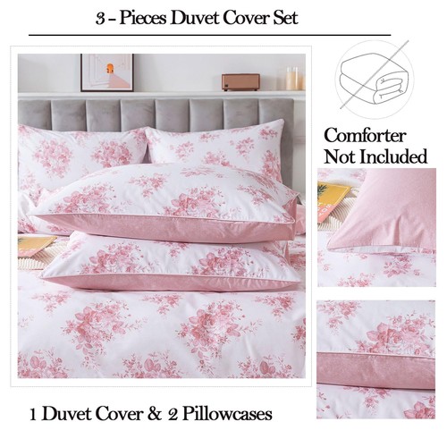 Pink Rose Floral Duvet Cover Sets King/Cal King 100% Cotton Reversible Blush ... - Picture 4 of 9