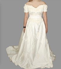 MARY'S BRIDAL Ivory Satin w/Pearls BOW BACK Long Train WEDDING DRESS Fits SZ 6