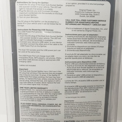 Dual Auto Socket 12V Splitter With USB Power Port By Power Line New Sealed - Picture 8 of 8