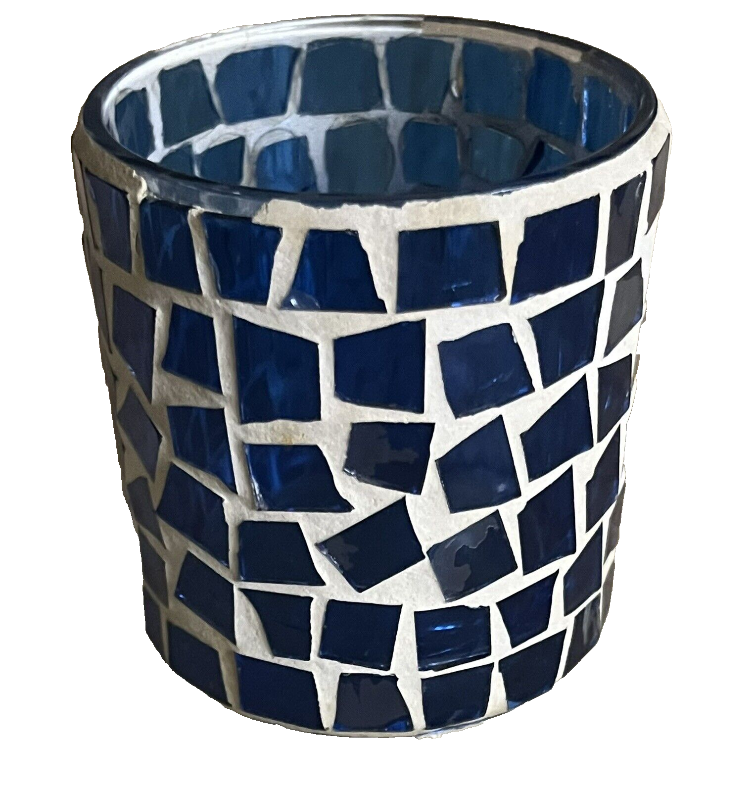 Vintage Blue Mosaic Glass Tealight Holder 3x3 Mini Candle Votive