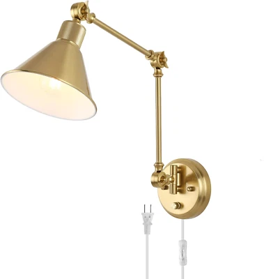 Wall Sconce Plug In, Brushed Brass Dimmable Wall Sconce Swing Arm Wall Lights Pl