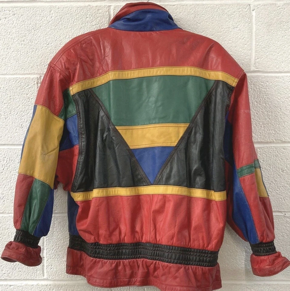 G3 小号红色皮革夹克弹性色块 90 年代几何嘻哈 VNT 说唱 — 第 2/4 张图片