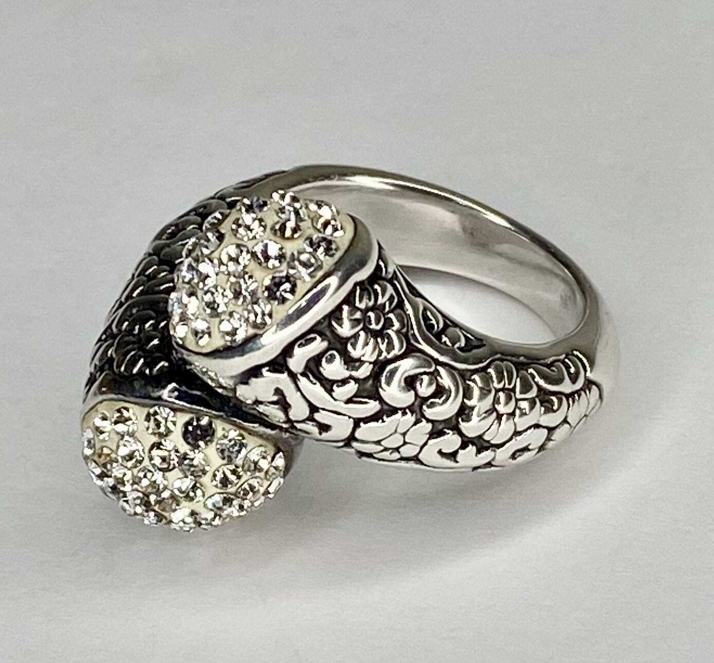 Sterling Silver Floral Scroll Bypass Ring Sparkin… - image 1