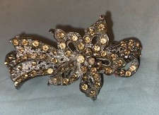 Vintage Hair Barrette Silver Metal W/ Flower  Light Orange Stones