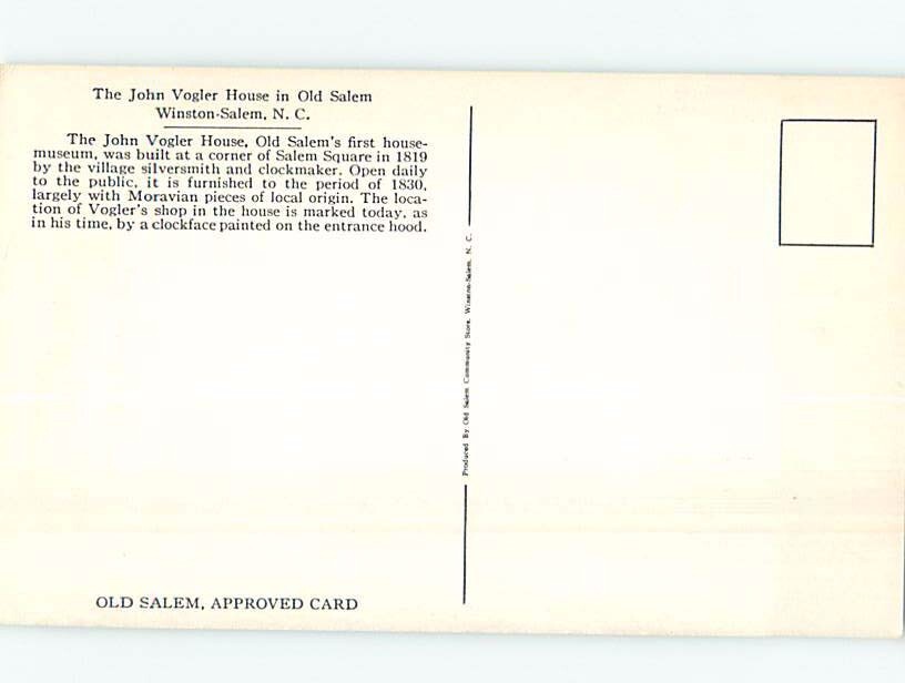 Unused Pre1980 JOHN VOGLER HOUSE WinstonSalem North Carolina NC d1273