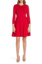 ELIZA J Red Scalloped Ruffle Shoulder Ribbed Skater Flare Sweater Dress M = 8/10