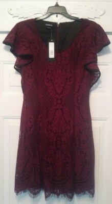 WOMEN'S BEBE DRESS/ LACE, PLUM COLOR,FRINGE HEM/ SIZE 8,NEW WITH TAGS,MSRP $129