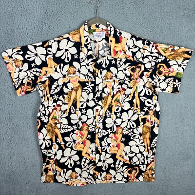 ENSY Custom Shirt Men's XXL Hawaiian Hula Pin Up Floral All Over Print Cotton