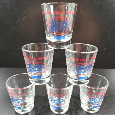 6 Tavern Television Give Us A Shot Glasses Set Vintage Fun Novelty Luminarc Lot