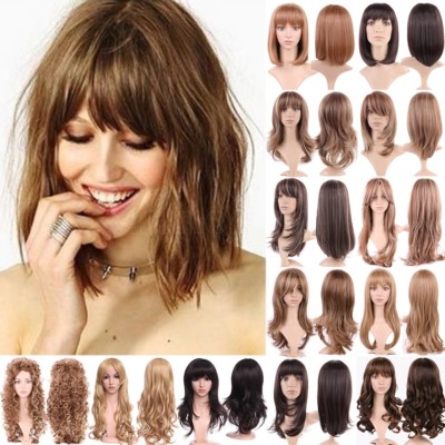 New Laies Blonde Brown Bob Wig With Bangs Wavy Straight Synthetic Cosplay Wig kw