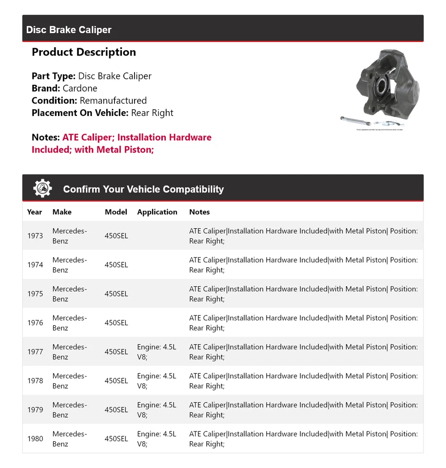 Pinza de freno de disco trasera derecha cardone 1974 para Mercedes-Benz 450SEL 1973-1980 Foto 2 de 4