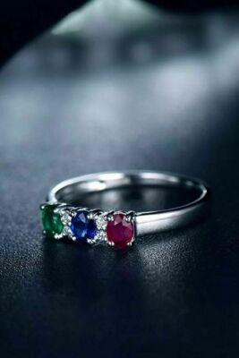 1.8CT Simulated Emerald/Sapphire/Ruby & Diamond Band Ring 14K White Gold Finish
