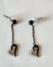 Stainless Steel Heart Drop Dangle Black/Crystal Earrings