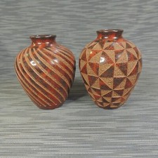 Set of 2 Etched Pottery 6" Vases with Geometric Patterns