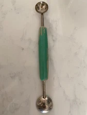 Vintage  Stainless Steel  & Wood Green Teal Melon Baller  Double Scooper