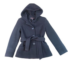 Jason Kole Womens Size Petite Small Ps 80% Wool Black Coat Belted Hooded Lined