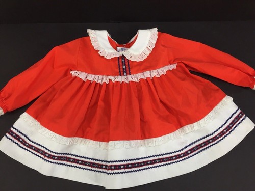 Vintage Baby Bliss Girl Dress Boho Poppy Red Long Sleeve Size Large / 12 Months - Picture 2 of 12