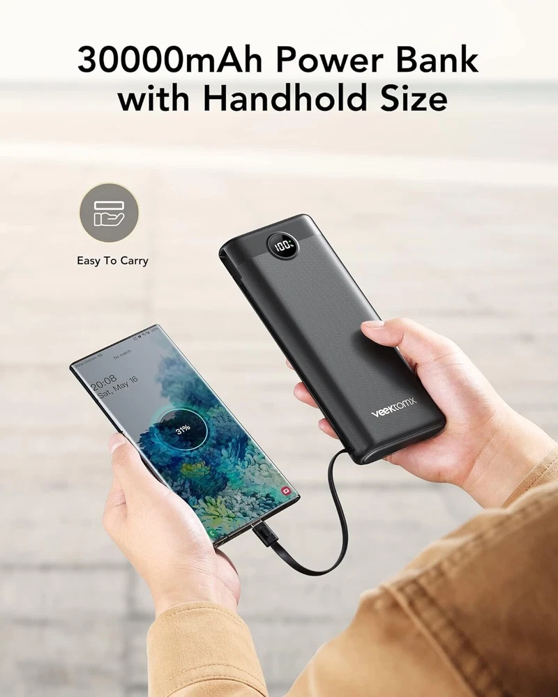 30000mAh Power Bank with 22.5W Fast Charging & Built-in Cables for US Devices