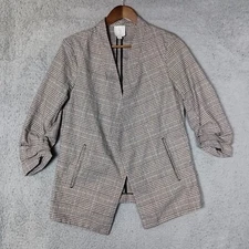 Joie Blazer Women's Medium Gray Plaid Ruched 3/4 Sleeve Open Front Jacket Career