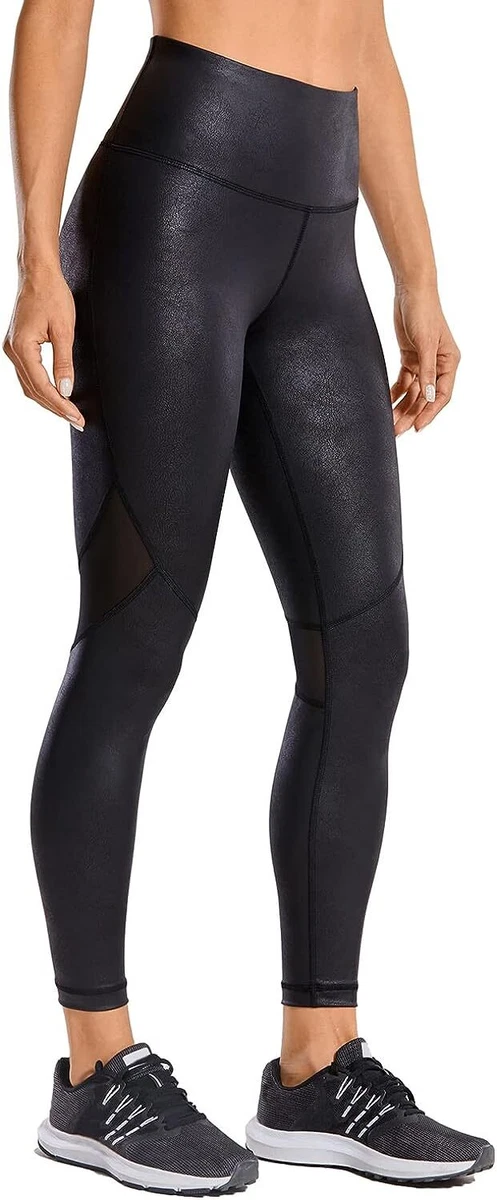 CRZ YOGA Women's Faux Leather Workout Leggings 25 Inches - Mesh Tight  Athletic P