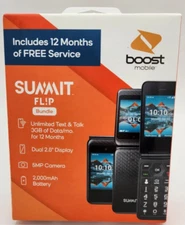 Boost Mobile Summit Flip Phone Bundle Dual 2.8" Display- 12 Months FREE Service!
