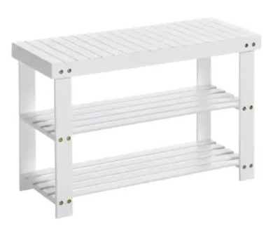 SONGMICS NEW 27x17x11 White Bamboo Wooden 3-Tier Storage Shelf Shoe Rack Bench