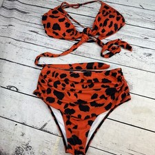 Bikini size XL black red Leopard Print two piece swimsuit Tummy Hide Bottoms