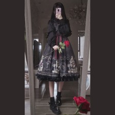 JaPan Gothic Lolita Dress Cosplay Costume Kawaii Ruffle Slip Long Sleeve Black
