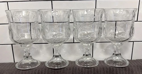 4 Anchor Hocking Savannah Vtg Clear Water Goblets 7 1/4” Floral Glasses CLEAN