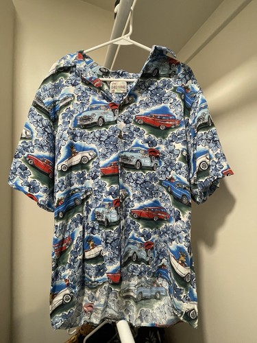Reyn Spooner American Classics Cars Floral Holiday Hawaiian Shirt Blue L