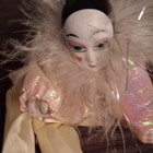 Porcelain Face Pierrot Clown Figure, Pink Top, Feather Collar, Green Eyes — photo 2