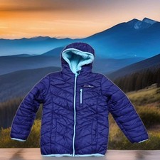Eddie Bauer Puffer Jacket Girls XS 5/6 Purple Reversible Faux Fur Hooded Coat