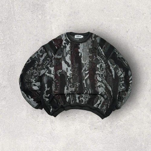 Vintage COOGI Style schwarz grau 3D Strick Acryl Pullover Gr. XL